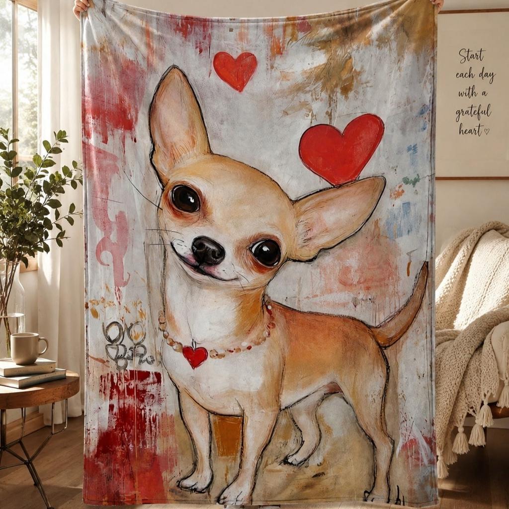 Chihuahua Love Heart Art Flannel Throw Blanket, Vintage Painting Dog Print Soft Lightweight Blanket for Sofa Bed, Nap Blanket, Dog Lover Gift
