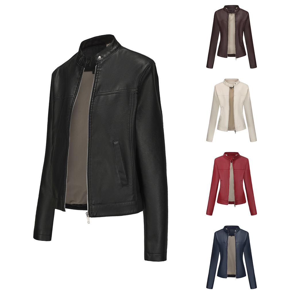 25 Spring and Autumn New Casual Leather Clothing Women's Fashion European and American Street European and American Size Stand-up Collar Jacket