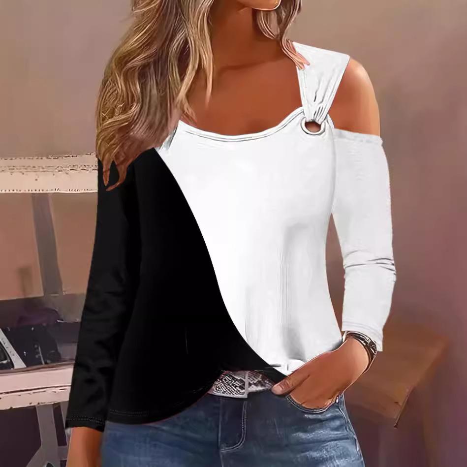 Autumn and Winter Casual V-Neck Metal Button Long Sleeve Printed Top