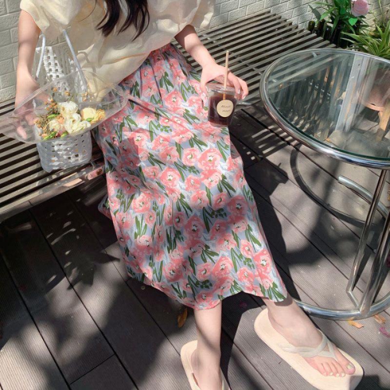 

Summer 2025 French Style Floral Chiffon Midi Skirt - High Waist, Slimming, A-Line Design Extra Large