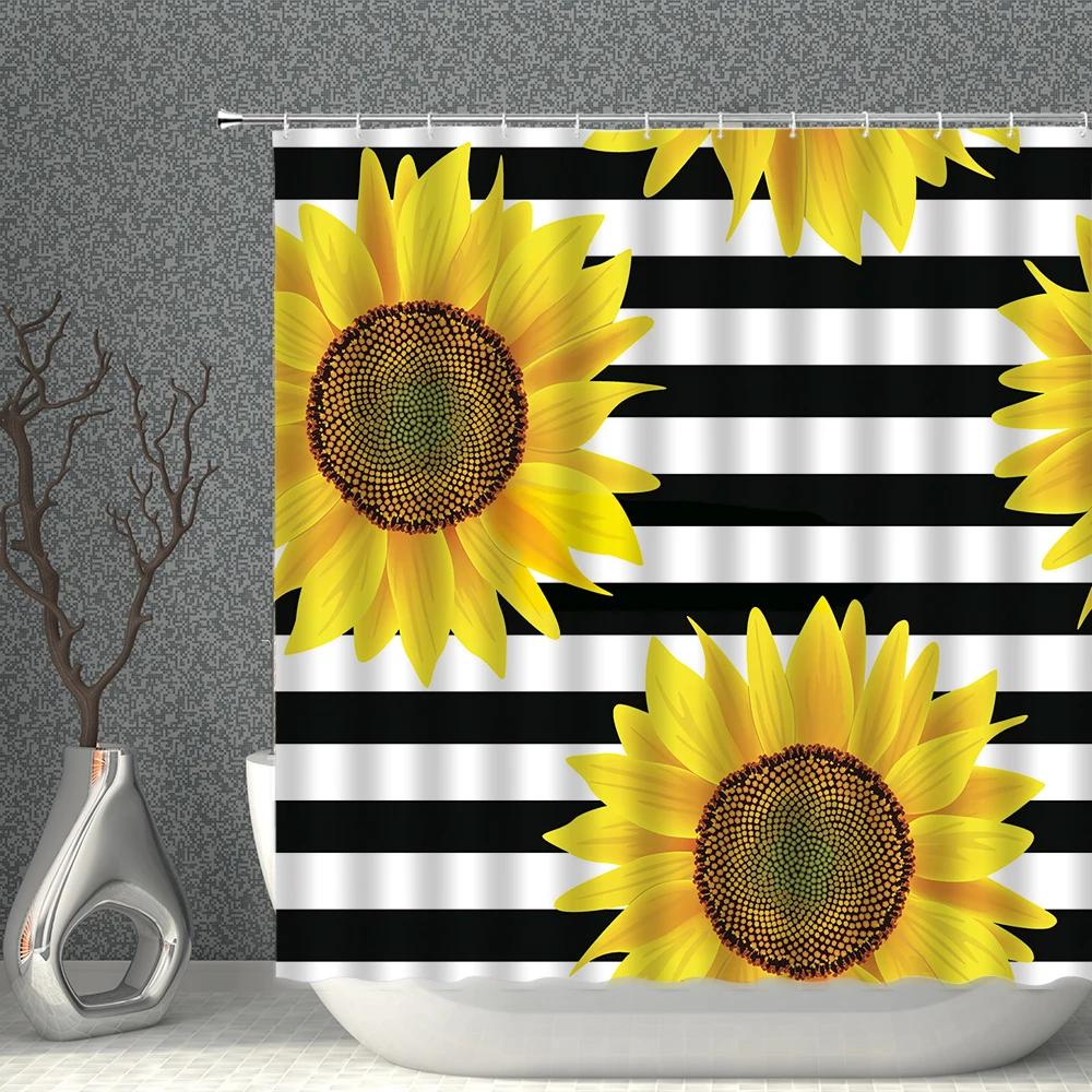 Rose Sunflower Shower Curtain Flower Green Plants Butterfly Bathroom Bath Curtains Waterproof Polyester Cloth Home Decoration