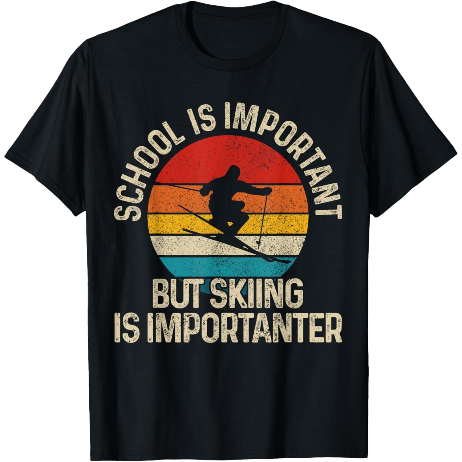

Skiing Is Importanter Than School Funny Retro Sunset Graphic Tee Men Casual TShirt S чёрный