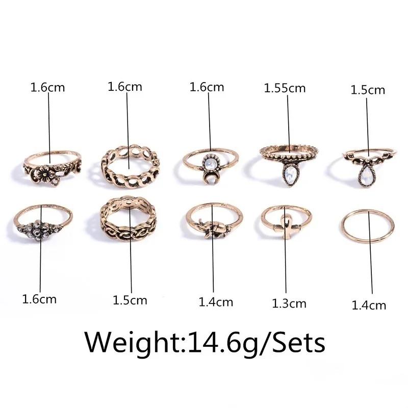 Retro Creative Fashion Gifts 10Pcs Set Gold Boho Fashion Arrow Moon Finger Knuckle Rings Jewelry Opal Ring Jewelry Accessories