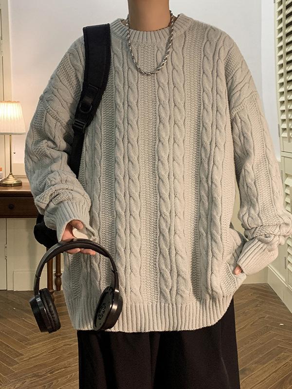 Men's Loose Fit Cable Knit Crew Neck Sweater - Retro Hong Kong Style Autumn/Winter Knitwear