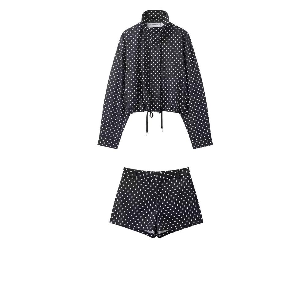 Women's High Neck Long Sleeve Polka Dot Jacket Loose Fit Two Piece Matching Mini Shorts Set Streetwear Spring Outfit
