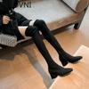 Mode Stretchstoff Lange Stiefel Damen Mode Slip On Blockabsatz Über dem Knie Hohe Stiefel Winterschuhe Damen Elegant Modern Stiefeletten