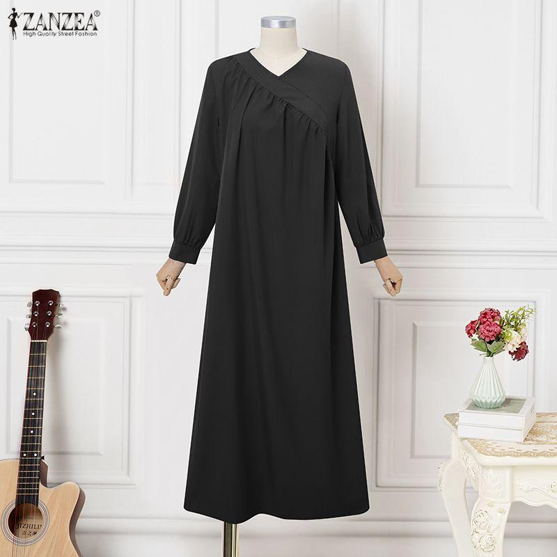 ZANZEA Women Casual V-Neck Long Sleeve Loose Long Dress
