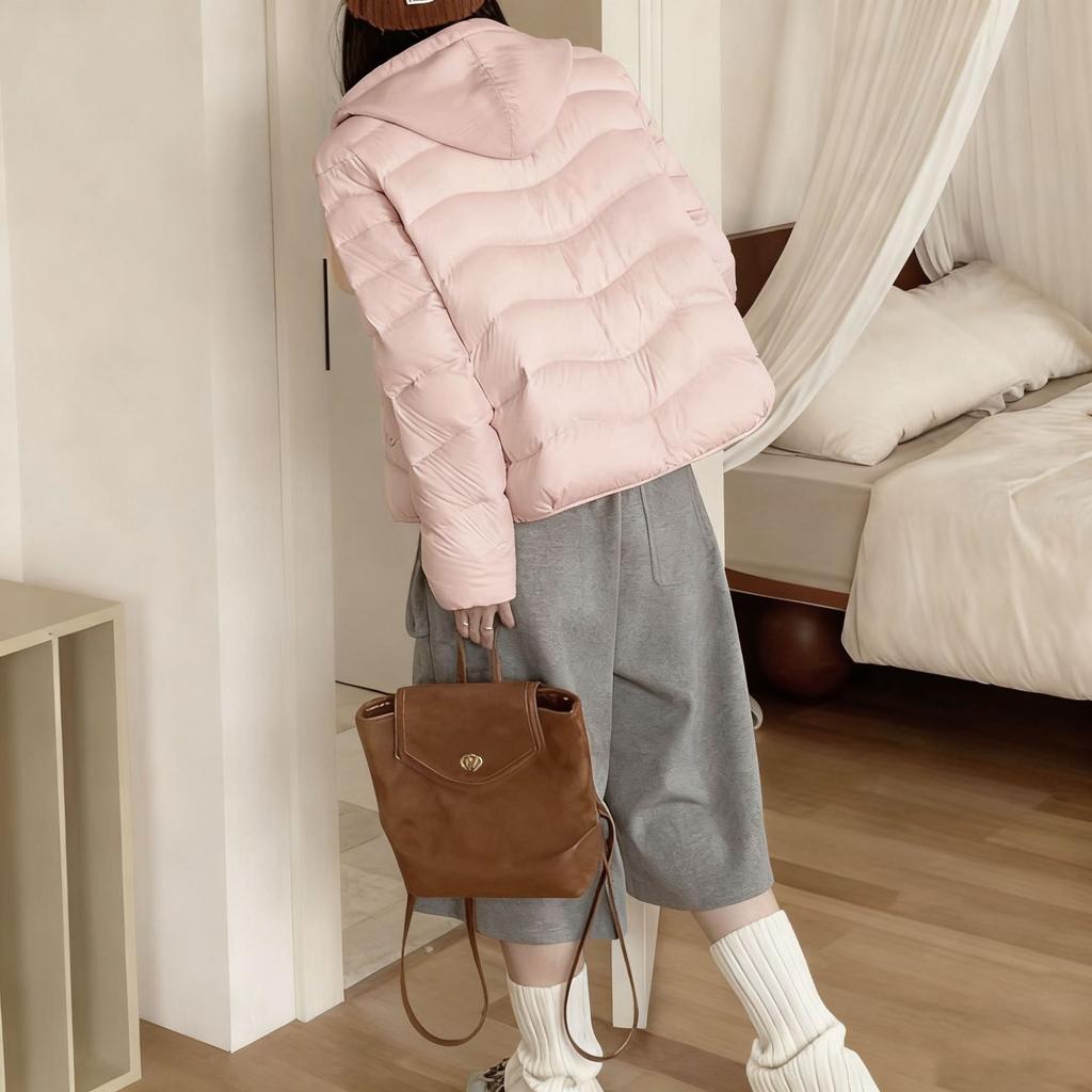 White duck down autumn and winter new warm knitted hooded splicing down jacket women's short small student jacket