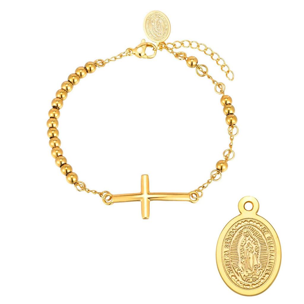 Vnox Stainless Steel Rosary Bracelet With Virgin Mary Bar, Beads Chain Cross Bracelets For Women, Prayer Faith Jewelry Gift