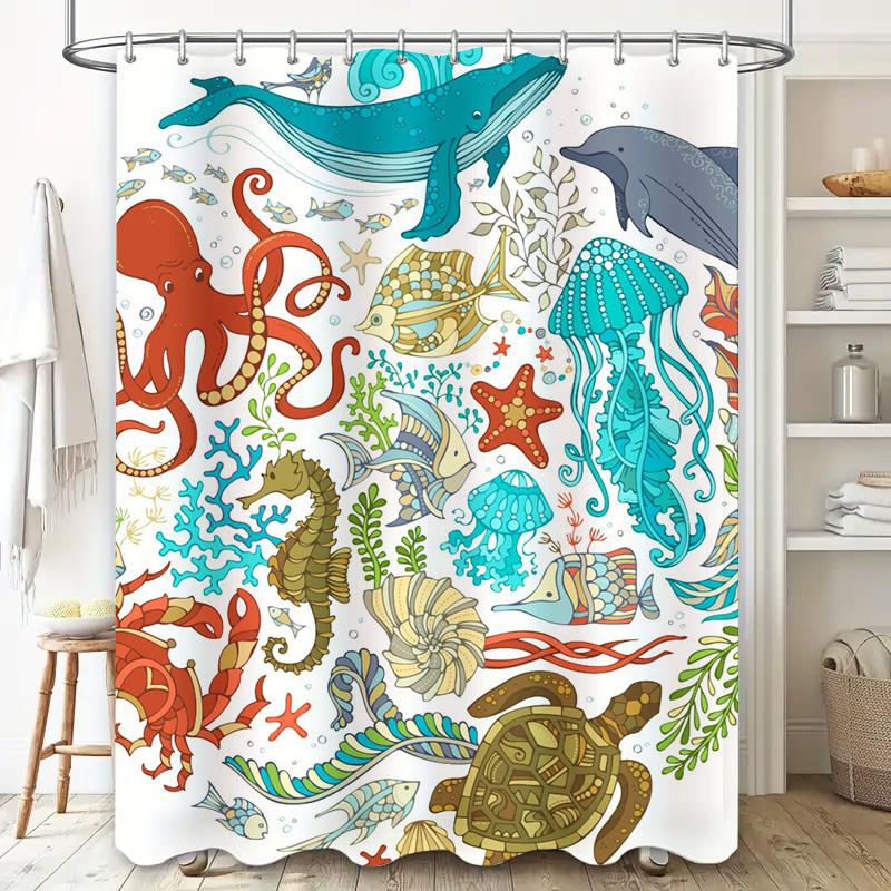 Underwater Life Sea Creature Print Shower Curtain Waterproof Decor Home Bath Accessories Customizable Size Options Available Whi