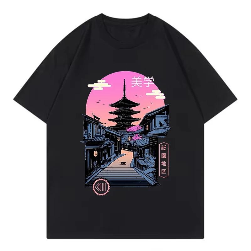 

Vintage Japanese Style Pagoda T Shirt Women Retro Sunset Cityscape Graphic Tee Summer Loose Short Sleeve Fashion Streetwear 4XL