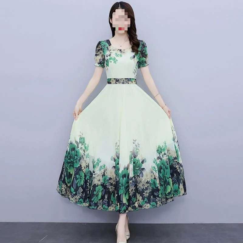 Women's Short-Sleeve Elegant Floral Chiffon Dress, Summer 2026, Round Neck, Tall Slimming Fit, Wide Hem Long Skirt