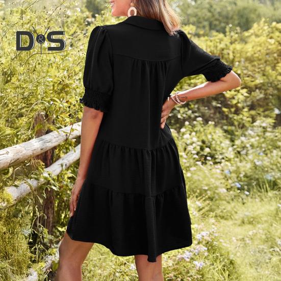 Women's Summer Swing Dress V Neck Short Sleeve Pleated Midi Dress with Lapel Collar Casual Beach Flowy A-Line Sundress
