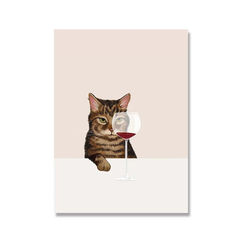 Funny Cat Poster White Cats Taste Red Wine Canvas Painting Cat Lover Gifts Kitchen Wall Art Pictures for Living Room Home Decor
