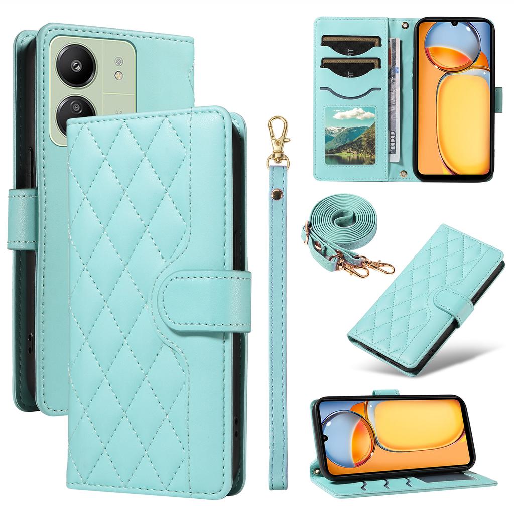 For Xiaomi Redmi 13C 5G/13C 4G/13R 5G/ Poco C65 4G/Poco M6 5G Case Wallet Rhombus Leather Phone Cover with Shoulder Strap,Wrist Strap