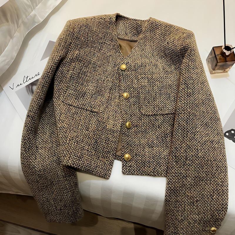 Khaki Woolen Cardigan - 2024 Autumn British Socialite Style for Women