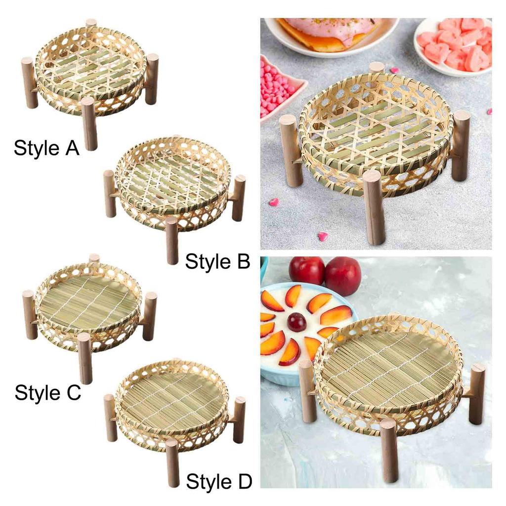 Serving Tray Dessert Plate Rustic Round Woven Storage Basket Fruit Rack for Coffee Table Dining Room Kitchen Picnics Living Room