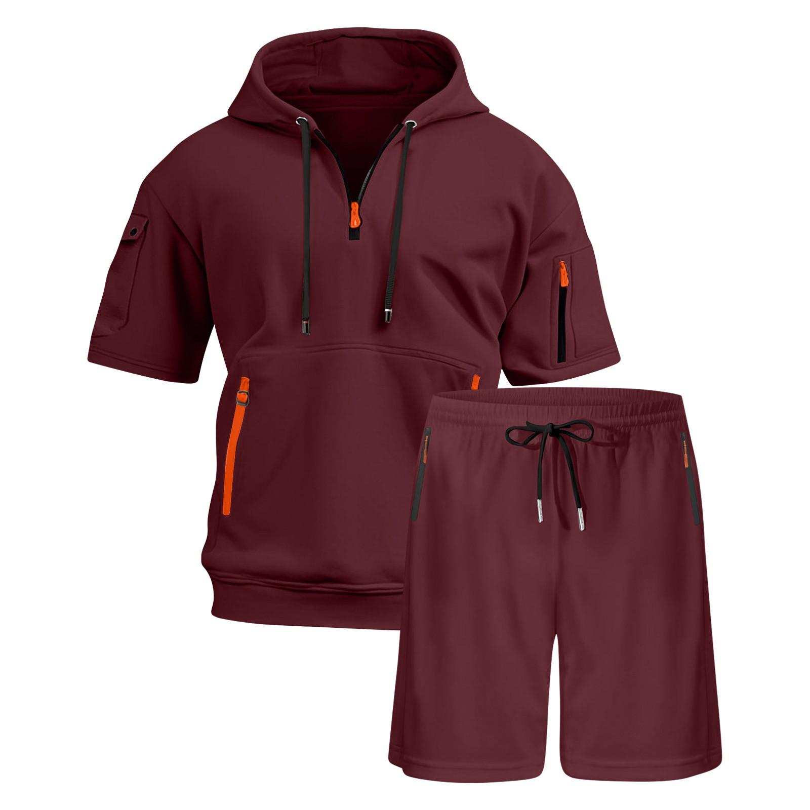 

Men s Summer Mesh Short-sleeved T-shirt With Hooded Collar Suit Sports Men s Casual Shorts Two-piece Suit Men (Two-piece Set) XL винний