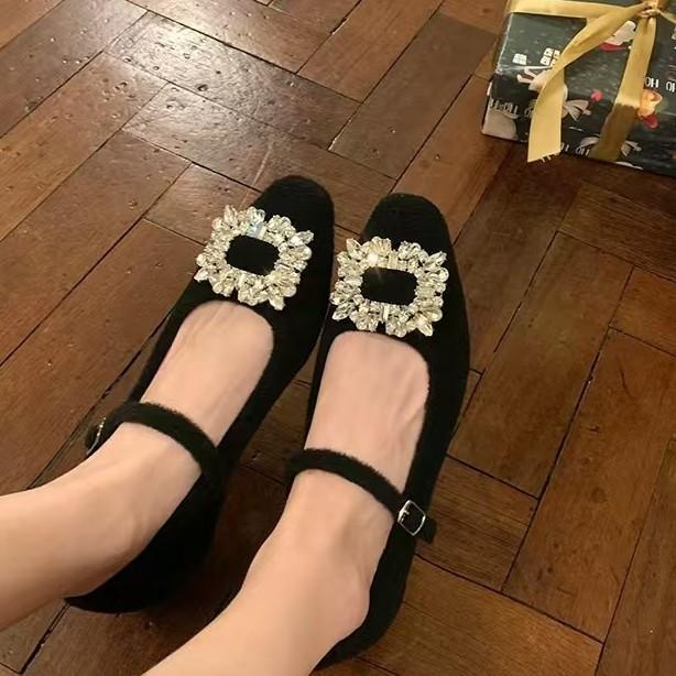 Cowhide Version~ Grape Mom Has the Same New Diamond Buckle with a Small Square Head with a Warm Thick Heel and Mary Jane Women's High-heeled Single