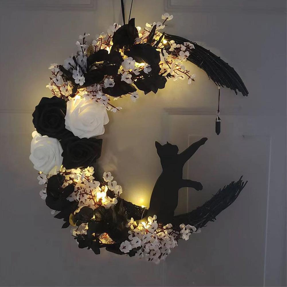 Gothic Wreath Decoration with Lights Halloween Moon Cat Wreaths Halloween Door Wreath for Home Party Window Wall Indoor Outdoor