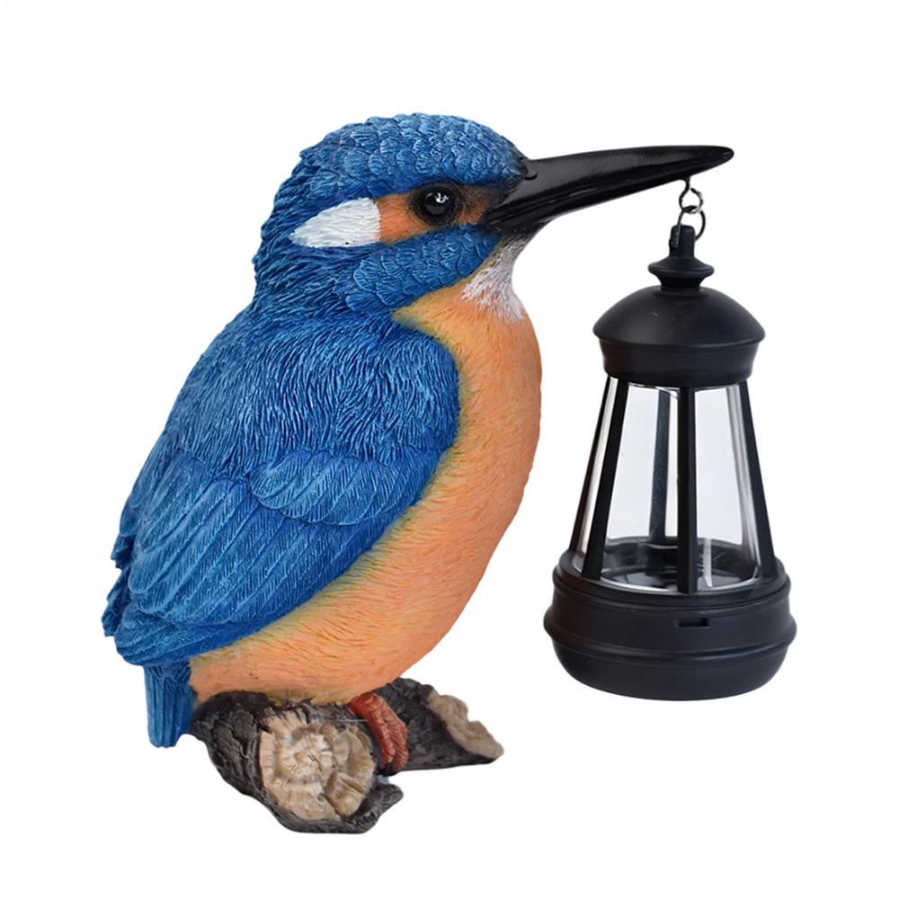 Statues d'oiseaux pour l'extérieur Sculpture de Martin-pêcheur Bleu en Résine avec Lanterne Solaire Figurine d'oiseau d'extérieur Lumineuse pour Patio Pelouse Chemin