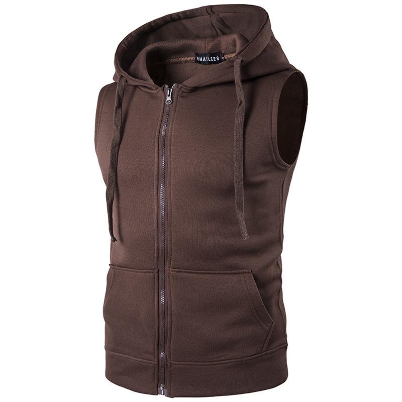 2024 Men's Hooded Sleeveless Vest & Zipper Pocket Solid Color Jacket for Spring and Autumn