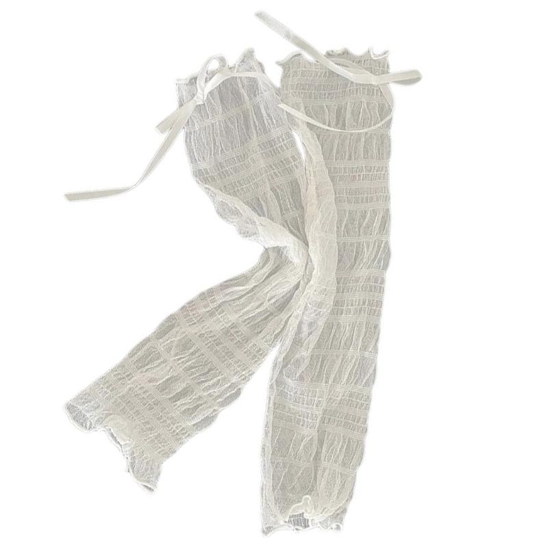 Womens Girls See Through Ruched Mesh Loose Leg Warmer Cute Ribbon Bowknot Lightweight Leg Cover Footless Lace Socks