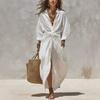 2026 Women's Solid Color Shirt Collar Long Sleeve Pocket Cardigan Dress