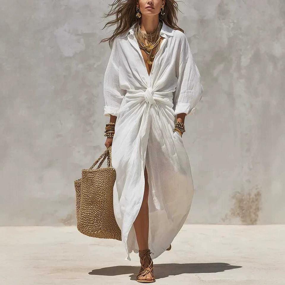 2026 Women's Solid Color Shirt Collar Long Sleeve Pocket Cardigan Dress