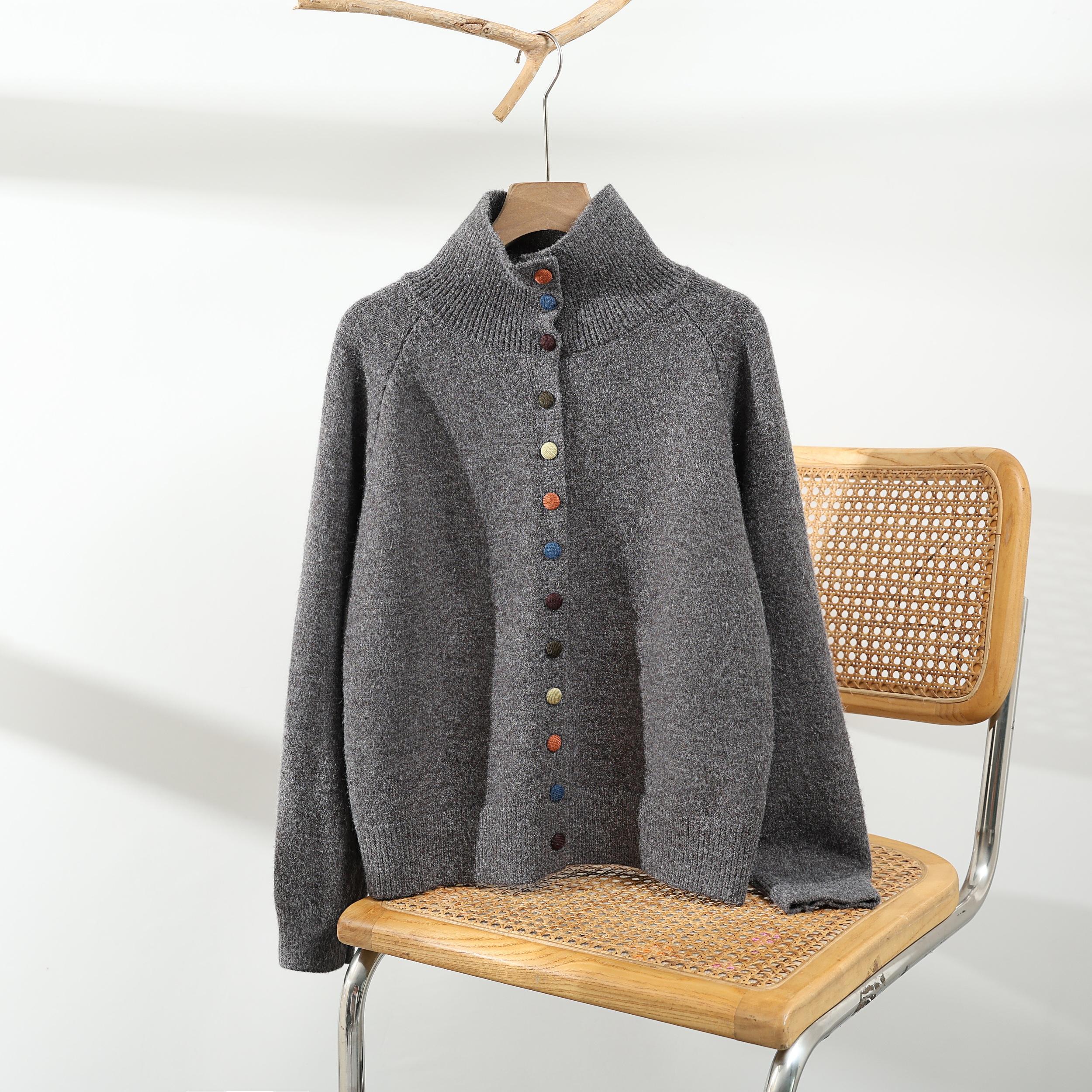 DIMANAF 2025 Свитеры Пуговицы Водолазка Кардиган Осень Женщины Однотонный Вязаный Свободный One Size