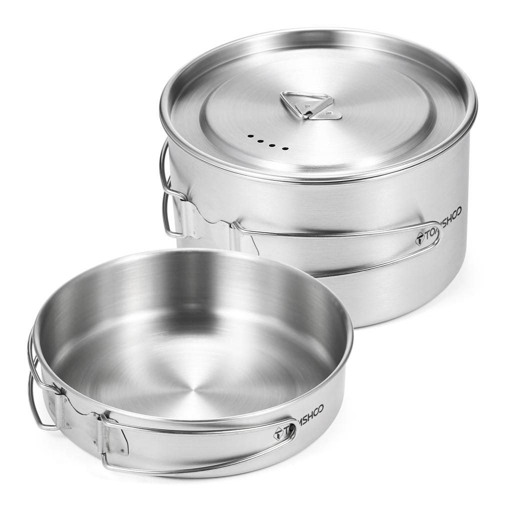 TOMSHOO 2-teiliges Camping-Kochgeschirr-Set, Edelstahl-Topf-Pfanne-Kochset mit faltbaren Griffen aus Mesh