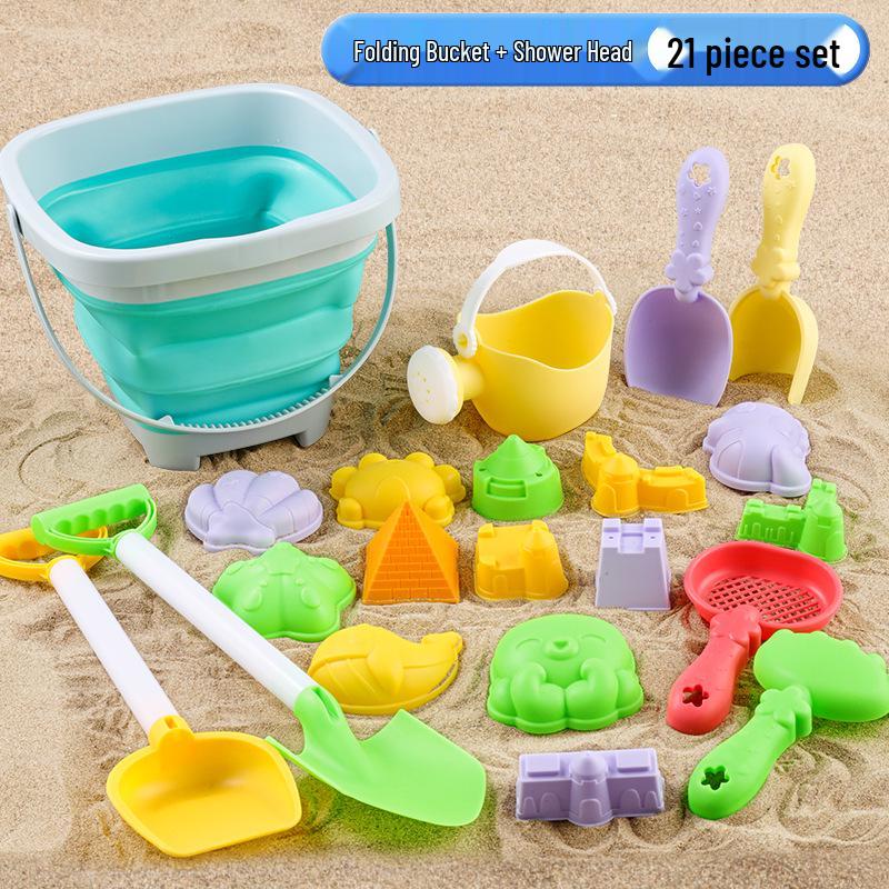 Cross-border Kid's Beach Toy Set: Folding Bucket, Shovel, Sand Tools & Sandglass Accessories