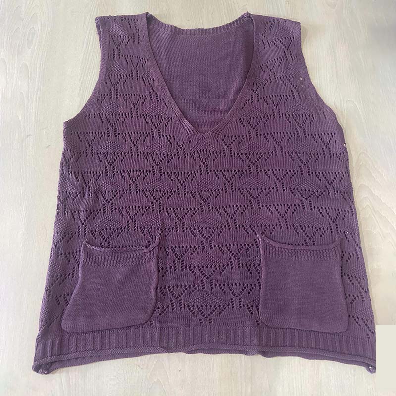 Knitted Vest Women's V-neck Hollow Thin Sweater Solid Color Casual Knitted Pullover Sleeveless Top Large Pocket Design Loose Casual Autumn