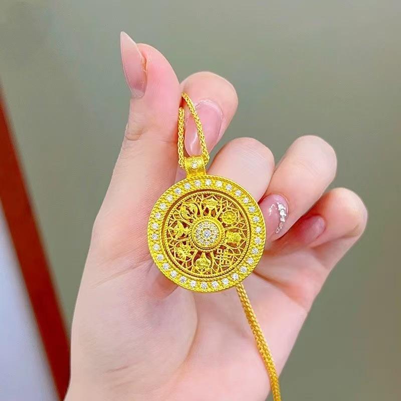 Goldene Drehbare Glücksbringer Acht Schätze Luo Pan Anhänger Halskette - Damen Vintage Chinesischer Stil Accessoire