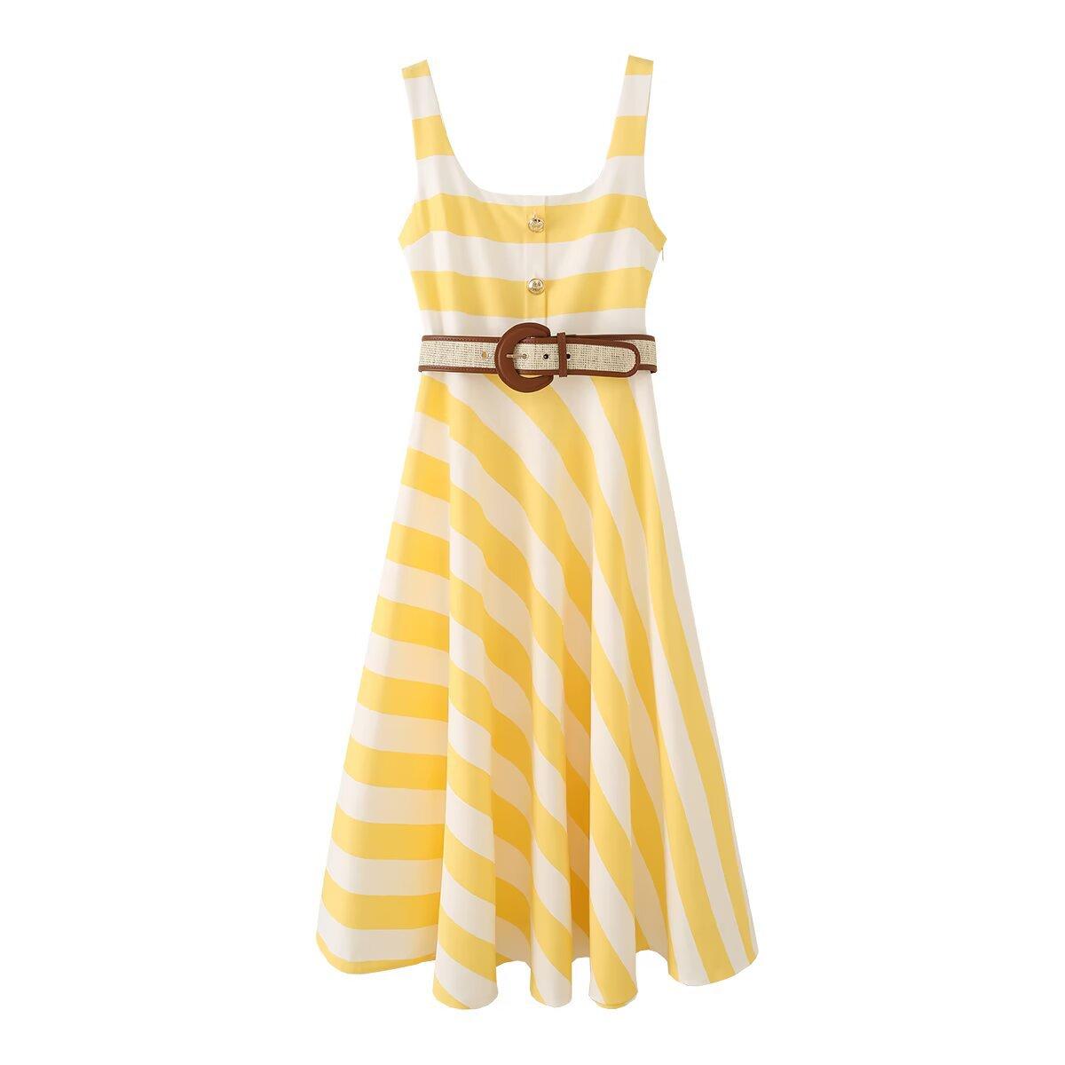 European and American style new women s fashionable style with belt, striped wide-shoulder Midi dress XS жёлтый
