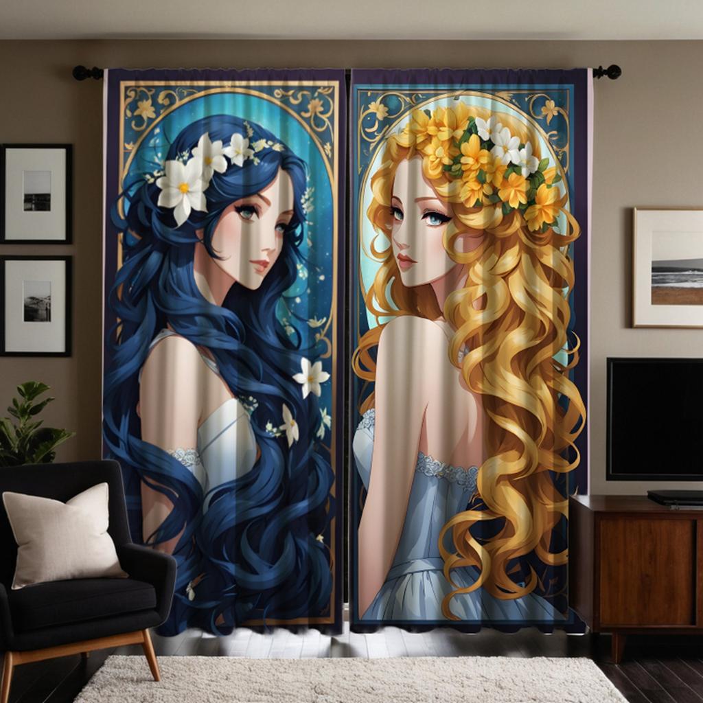 Set Of 2 Hd Retro Cartoon Curly Girl Decorative Curtain Blue Tie Digital Printed Home Decoration Style Decorated Livi Made Polyester