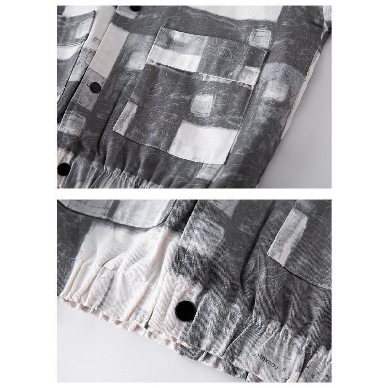 Men's Abstract Plaid Print Jacket Turn-Down Collar Button Down Oversized Streetwear Coat