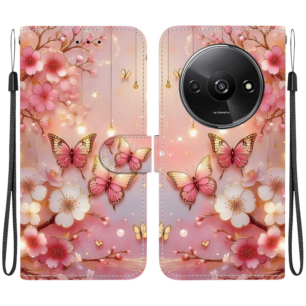 Handmade PU Leather Flip Case for Xiaomi Redmi A3 Anti-Slip Shockproof Cover with Wrist Strap & Heart/Rose Cat Designs