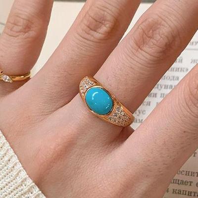 Charm Diamond Inlaid Retro Rings for Women New In Oval Turquoise Ring Adjustable Opening Simple Suitable for Daily  Gifts
