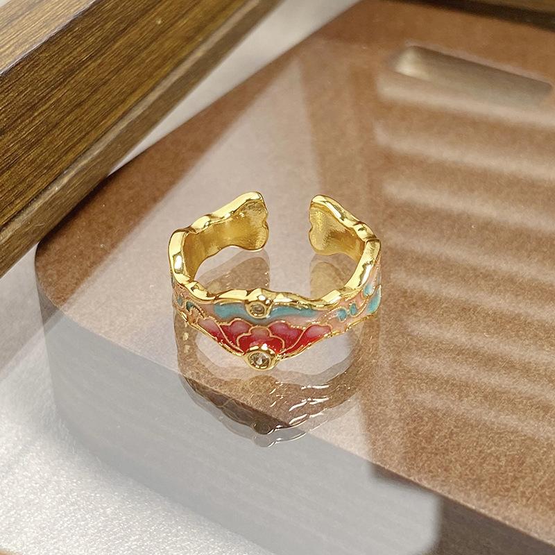 Medieval Vintage Retro Colored Enamel Open Ring Women'S Niche High-End Light Luxury Personality Ring