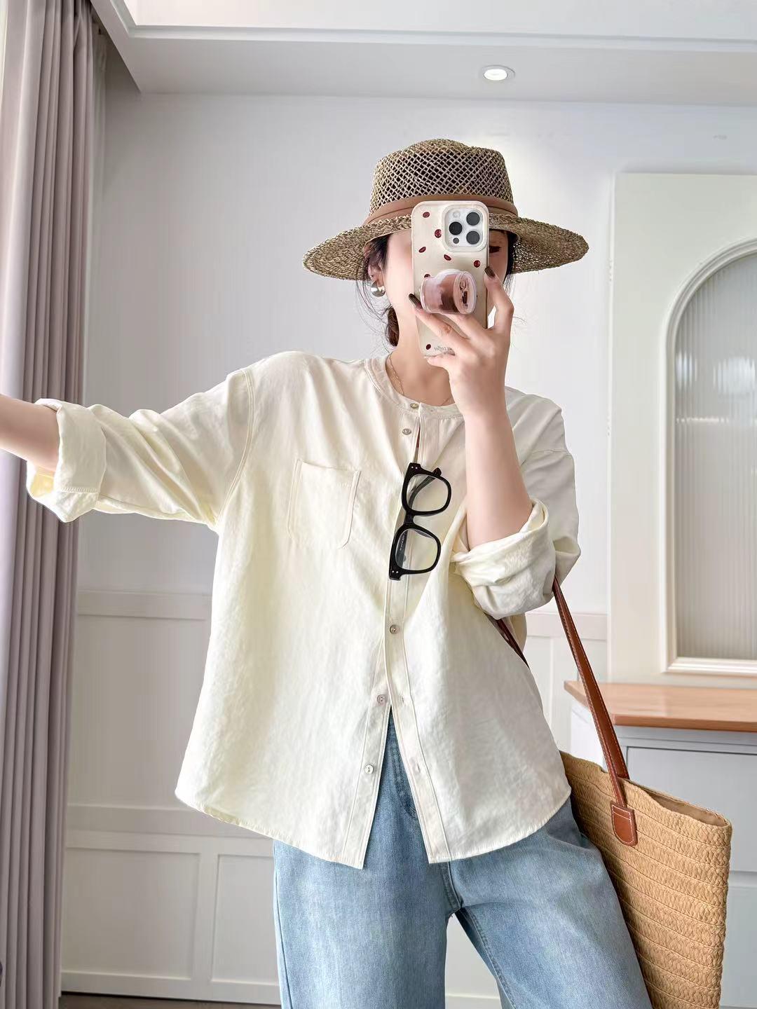 

Женская рубашка в стиле ретро из хлопка и льна: Весна/Лето 2025, Длинный рукав, Свободный крой, Повседневный, Круглый вырез, Тонкий топ Medium бежевый