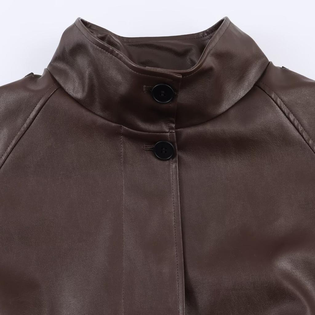 TAOP&ZA Women's New Casual Fashion Versatile Faux Leather Stand Collar Jacket 6318025