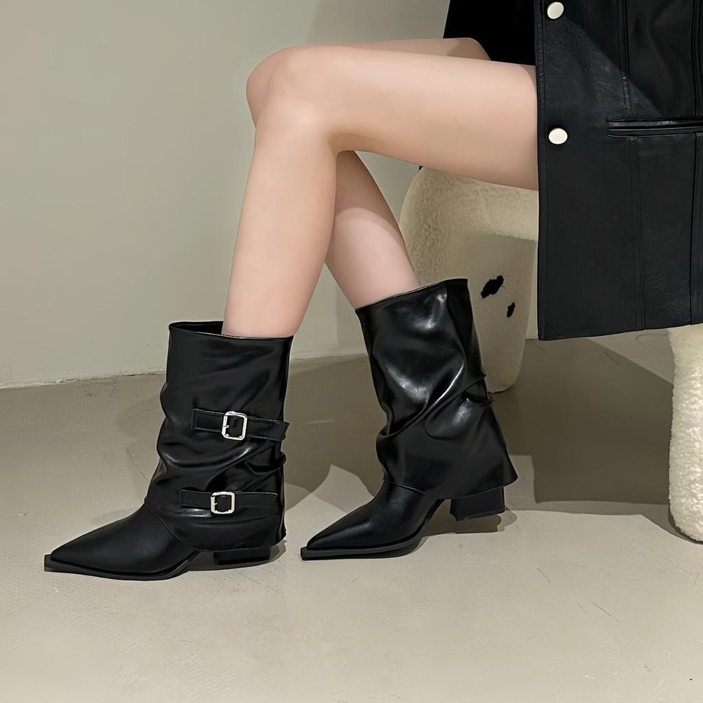 Short Boots Women 2026 Spring and Autumn Meilad Pointed Leather Boots Wrinkled Pile Boots Women