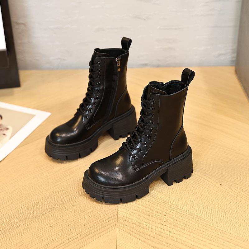 Genuine Leather Thick Soled Short Boots for Women with British Style Thick Heels  Spring and Autumn Winter with Plush Boots