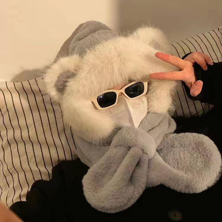 Warm Winter Scarf Bear Plush Hat Scarf Integrated Thickened Ear Protection Hat Cold Protection Lei Feng Hat Two in one