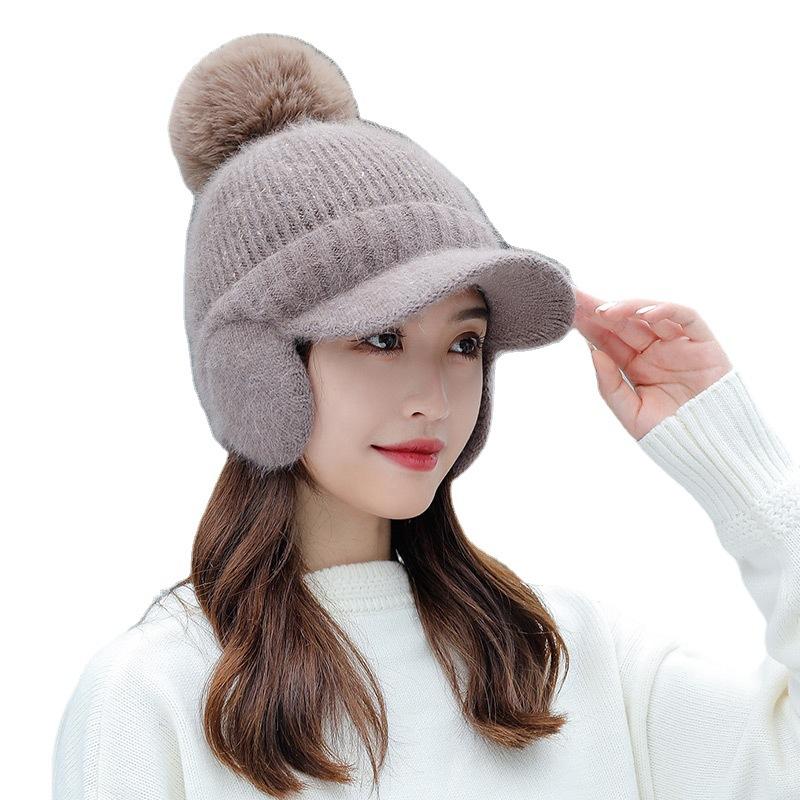 Ladies rabbit fur knitted hat trendy student wool ear protection cap outdoor cold protection warm scarf velvet