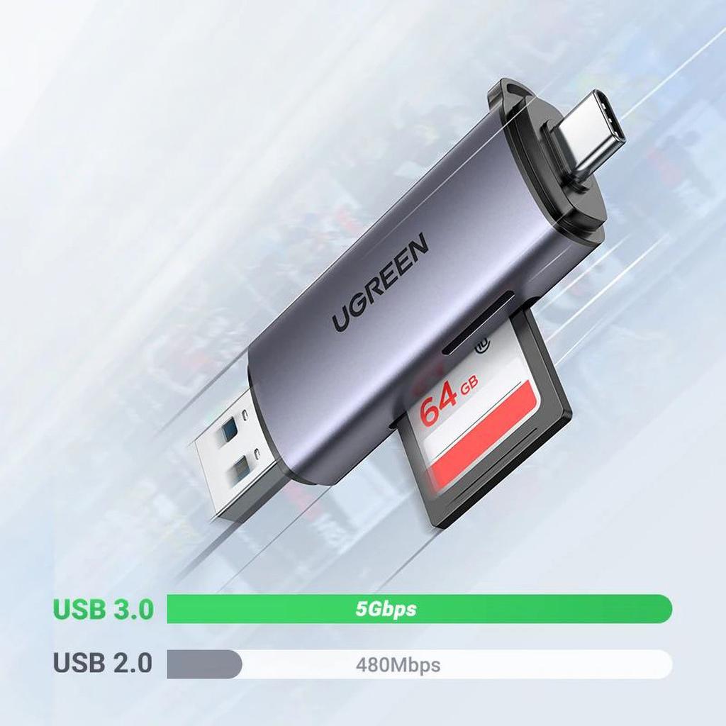 Ugreen CM185 Dual-Port USB-A/C 3.0 Card Reader for SD & microSD - Gray