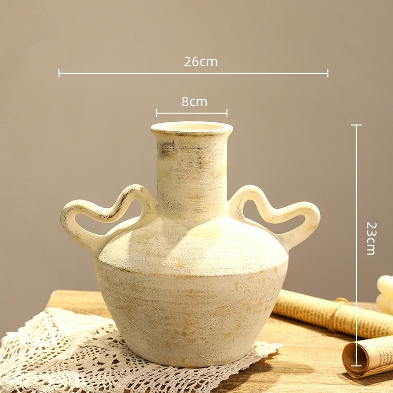 

Ceramic Vase Retro Pot Rough Pottery Geometric Handle Flower Vase Flower Arrangement Accessories Flowerpot Home Decoration