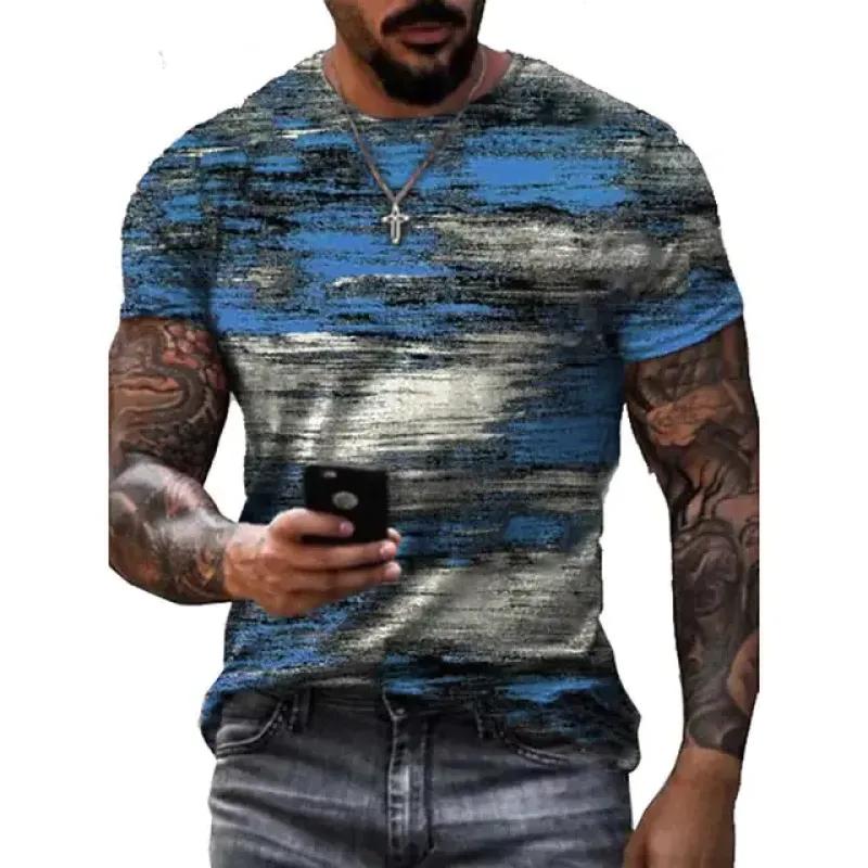 Vintage Men's T-shirt Personality Colorful Striped Print Fashion O Collar Short Sleeve T-shirt Breathable Street Wear T-shirt