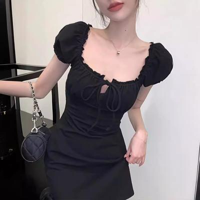 Square Collar Black Short-sleeved Dress Women's Summer Fungus Edge Waist Short Skirt Temperament Slim and Thin Hip Skirt